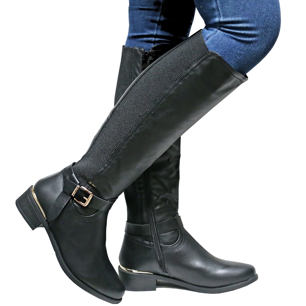 Black Knee-High Winter Rain Boots with Gold Buckle